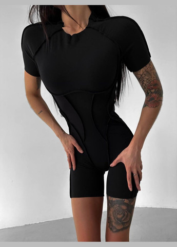 Спортивный комбинезон (короткий) «с имитацией корсета» с чашками и без пуш-ап, черного цвета, размер S Trends комбинезон-шорты однотонный чёрный спортивный
