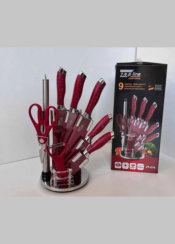 Набір кухонних ножів 9 предметів з підставкою червоний (2104618511) Zepline ZP-027 червоний, пластик, нержавіюча сталь