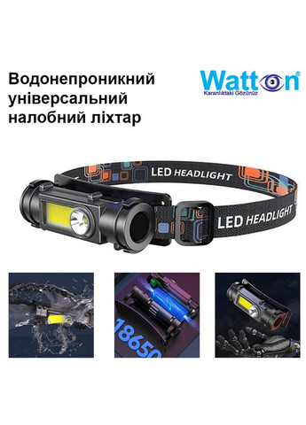 Водонепроницаемый аккумуляторный налобный светодиодный фонарь WT-249 на 150 люмен со встроенной батареей Watton (338854987)