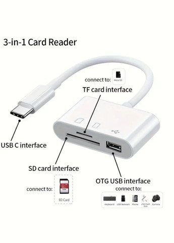 Универсальный кард-ридер 3-в-1 (SD/TF/CF) с Type-C и USB-портами, OTG-адаптер для телефонов, ноутбуков и др. No Brand (360983334)