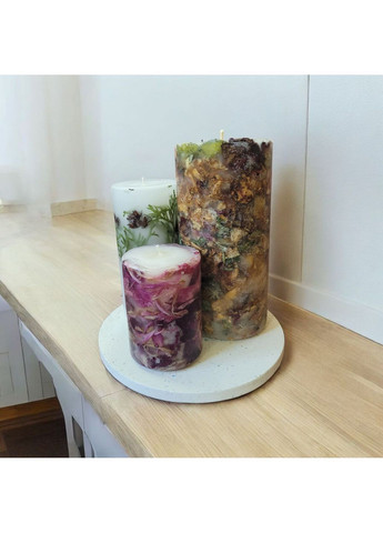 Набір великих декоративних свічок ручної роботи свічки в наборі з 3 шт на підставці з хвоєю, півонією і міксом сухоцвітів Handmade Studio - AV (369636952)