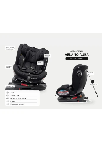 Автокресло Aura 360° i-Size 40–150 см, ISOFIX, grey (0-12 лет) Velano (391572632)