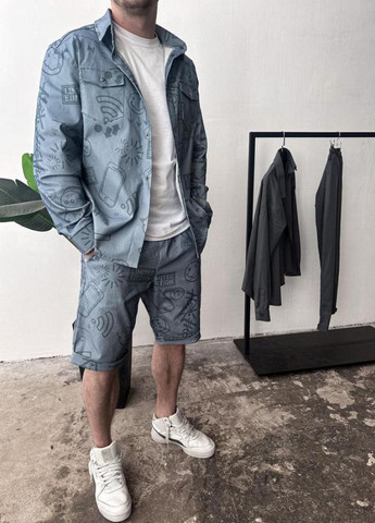 Синій демісезонний комфортний синій чоловічий літній костюм-двійка зі стильним принтом No Brand