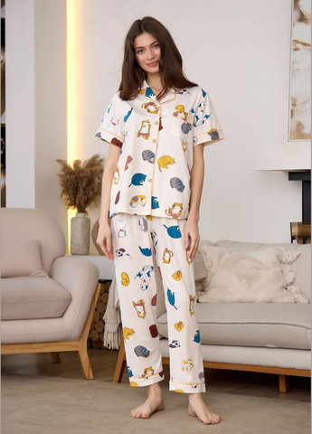 Белая всесезон женская пижама тройка домашний комплект 3 в 1 с принтом котиков стильный комфортный набор рубашка + шорты + брюки рубашка + шорты + брюки Cindylove