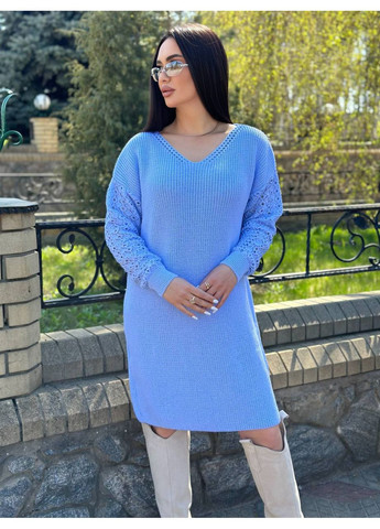 Блакитна жіноча тепла шерстяна вязана сукня ася з вирізом та узорами на рукавах блакитна You Best