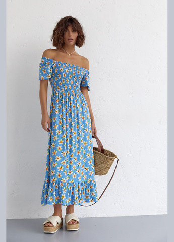 Голубое повседневный женское длинное платье с эластичной талией и оборкой 4133 Lurex с цветочным принтом