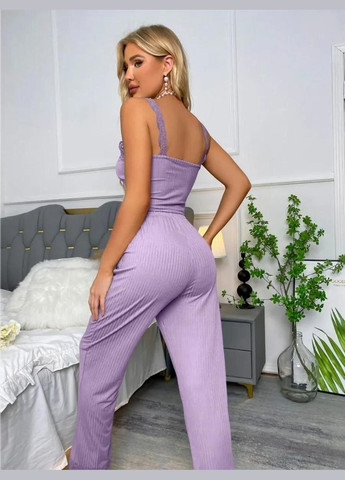 Сиреневая всесезон пижама julia брючная в рубчик набор майка брюки брюки с декором рюши майка + брюки No Brand Піжама в рубчик Julia чорний