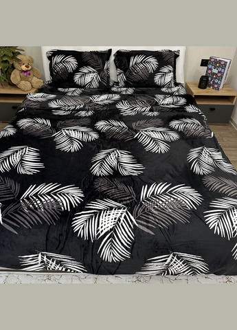 Якісна постільна білизна з велюру півтораспальний розмір чорного кольору з малюнком листя No Brand (311667774)