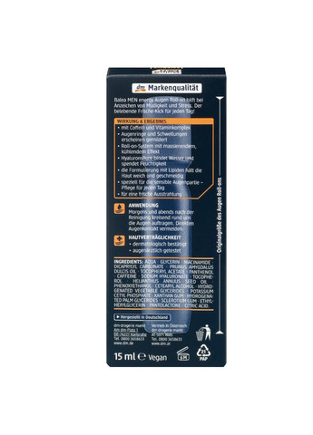 Чоловіча сироватка під очі від темних кругів з кофеїном та гіалуроновою кислотою MEN Augen Roll-on Energy, 15 ml Balea (366569494)