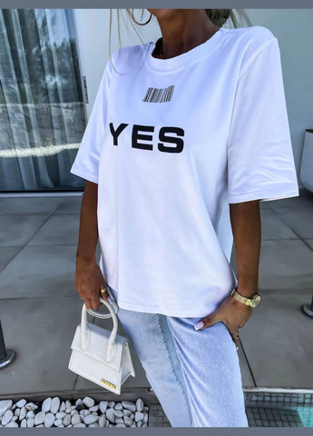 Белая всесезон однотонная oversize футболка с принтом спереди "yes", а сзади "no", качественная белая футболка из турецкого кулира No Brand 476-1