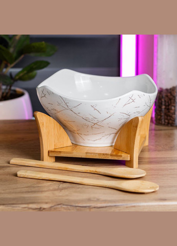 Салатниця га бамбуковій підставці з виделкою і ложкою 22*22*14 см Білий HP1228 Yiwu (353503165)