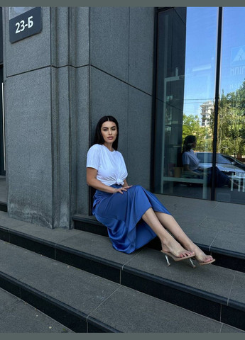 Синяя вечерний однотонная женская шелковая юбка меди синего цвета 33190 No Brand