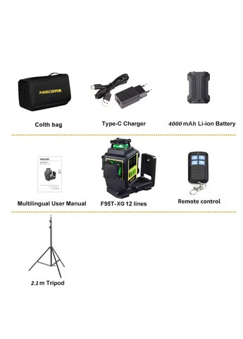 Лазерный уровень нивелир F95T-XG 4000мА 3D (12 линий) 360 со штативом 2.10м Firecore (367580896)