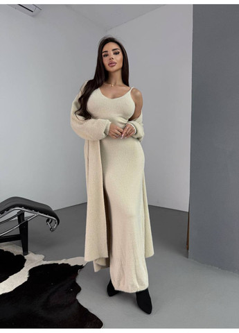 Бежевое кэжуал женское платье с кардиганом платье-майка No Brand