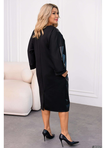 Чорна святковий 👗жіноче комбіноване плаття з дайвінгу та екошкіри заміри в описі👗 силуетна DK/DL Мода без кордонів однотонна