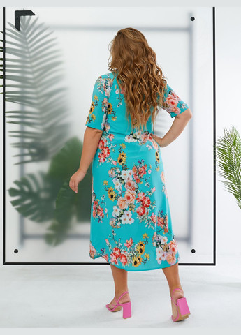 Бірюзова повсякденний літня шифонова сукня а-силует No Brand з квітковим принтом