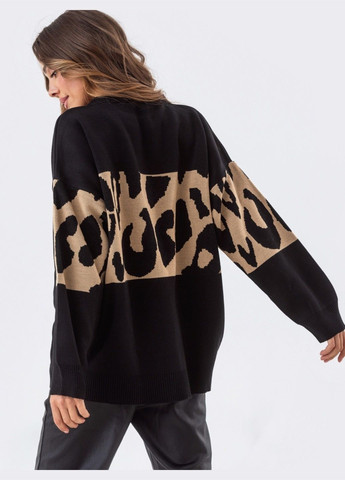 Черный демисезонный чёрный свитер мелкой вязки с анималистичным узором Dressa