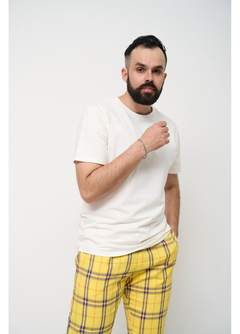 Піжама чоловіча футболка молочна + штани в клітинку жовті Handy Wear (293275175)