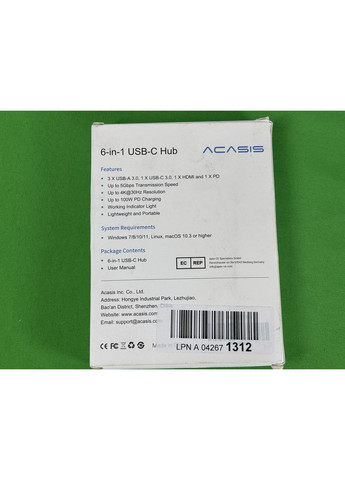 Хаб, док-станция 6 в 1 USB-C Hub AC-HC31 Hub Хаб для передачи данных до 10 Гбит/с USB C HDMI 4K@30Hz Acasis (351372060)