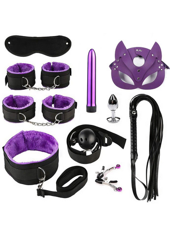 БДСМ-набір з 10 предметів чорного кольору з фіолетовими вставками We Love (284279636)