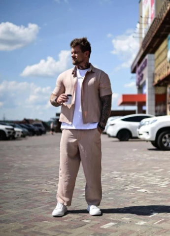 Песочный демисезонный костюм лен drapp No Brand