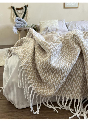 Плед хлопковый ZEINTEX ЗИГЗАГ с бахромой бежевого цвета Vladi (361852549)