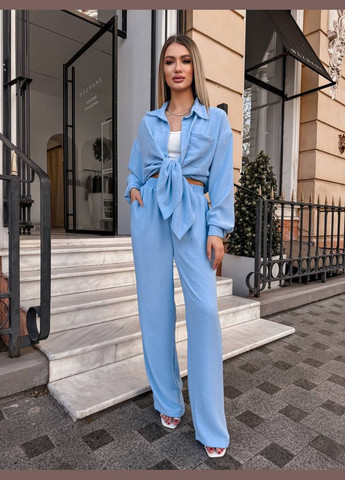 Голубой демисезонный брючный костюм из креп жатки No Brand
