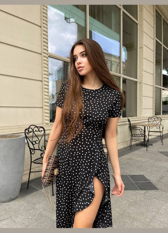 Чорна святковий, повсякденний, кежуал, вечірня легка витончена сукня з розрізом по ніжці Vakko в горошок