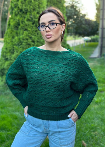 Изумрудный демисезонный стильный вязаный свитер с манжетами на рукавах Allthings