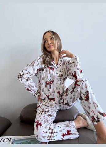 Молочная всесезон домашняя женская пижама "норди" с оленями рубашка + брюки Cosy