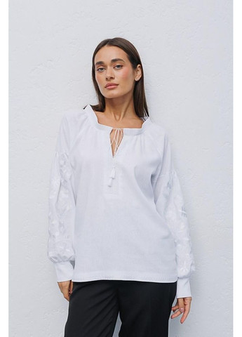 Белая рубашка вышиванка женская лен вискоза длинный рукав цветы 44 белая Arjen