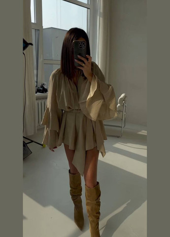 Бежева повсякденний, святковий жіноча сукня міні з поясом в стилі бохо оверсайз Style Point однотонна