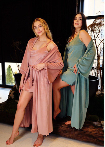 Жіночий Комплект халат+нічна сорочка з велюру (мінтол) No Brand 0044 (324026886)