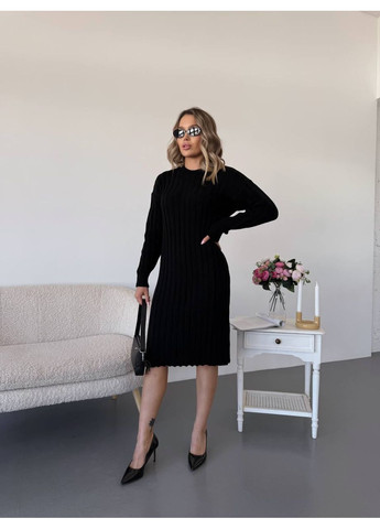 Черное женское теплое вязаное шерстяное платье интер вязкая резинка до колена черная You Best