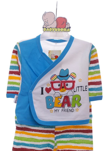 Голубой демисезонный комплект боди, ползунки, шапочка трикотажный для мальчика bear 56 см (42588) Donino