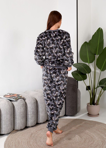 Темно-сіра зимня жіноча тепла плюшева піжама світшот + брюки Modena
