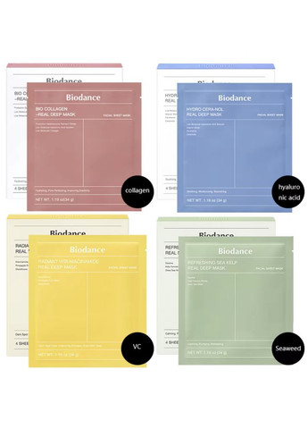 Набір гідрогелевих масок 4 види: з колагеном, гіалуроновою кислотою, вітаміном С, водоростями 34 г х 4 шт Biodance (345709002)