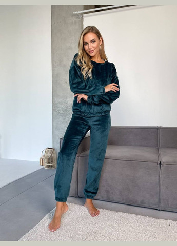 Смарагдова всесезон м'яка приємна до тіла піжамка з турецької двосторонньої махри, однотонна смарагдова піжама (світшот+штани) No Brand 52303