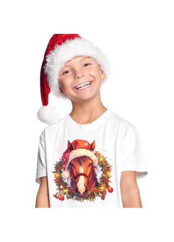 Футболка белая с оригинальным новогодним принтом «Лошадь с новогодним венком» ФП013140(XS) Кавун футболка - (358929801)