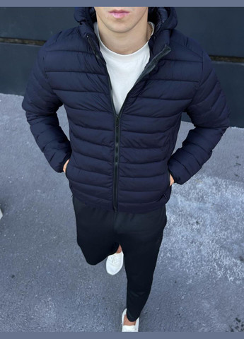 Темно-синя демісезонна шикарна весняна куртка з капюшоном Stylish Touch