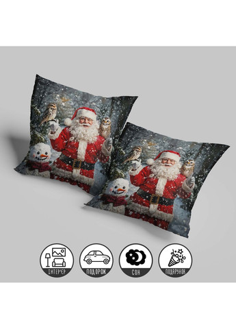 Декоративна подушка "Санта з совами та сніговиком" для новорічного декору 35 х 35 см 13180 WONKEY (364288341)