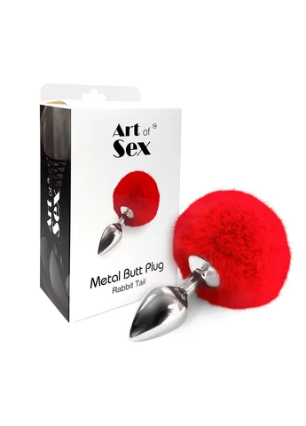 Металевий анальний затор М Metal Butt plug Rabbit Tail, Червоний Art of Sex (339867692)
