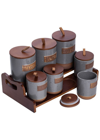 Банки для сипучих продуктів набір 9 штук на бамбуковій підставці з кришками 36.5×20.5×22 см Сірий HP-26-2G (A-036477) Yiwu (363189725)