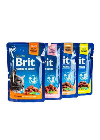 Вологий корм Premium Cat Набір паучів сімейна тарілка для стерилізованих котів, асорті 4 смаки, 100 г х 12 шт Brit (362584377)
