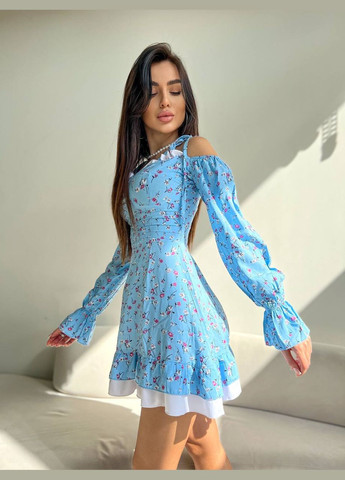 Голубое яркое летнее платье со цветочным принтом из натуральной ткани которая не парит, лёгкое платье с красивым летним дизайном No Brand