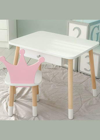 Дитячий столик білий і стільчик корона біло-рожевий. Столик із шухлядою для олівців і розмальовок 56787 No Brand (335039698)