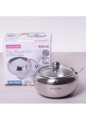 Сахарница 460мл из нержавеющей стали с ложкой и стеклянной крышкой контейнер для сахара и сладостей Kamille (368977892)