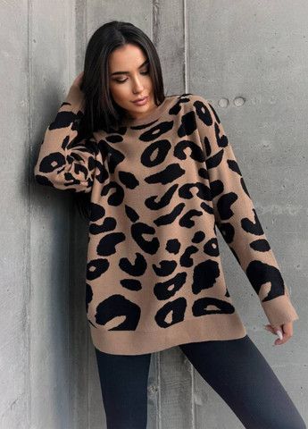 Бежевый демисезонный изысканный повседневный демисезонный оверсайз свитер с анималистическим узором Allthings