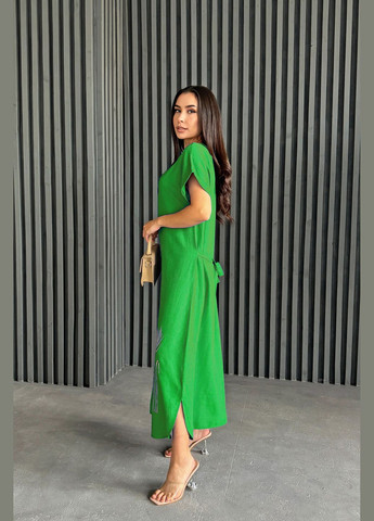 Зелёная летнее длинное льняное платье с дизайнерской вышивкой INNOE узор украинская символика прямой лен (299937504)