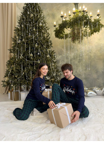 Синя зимня піжами парні чоловіча та жіноча бруклін з начісом лонгслів + брюки Cosy